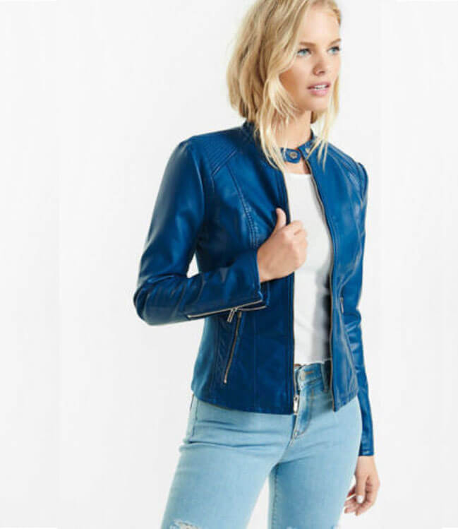 Women Real Blue Soft Leather Jacket Biker Motorcycle Racer Cafe Aone